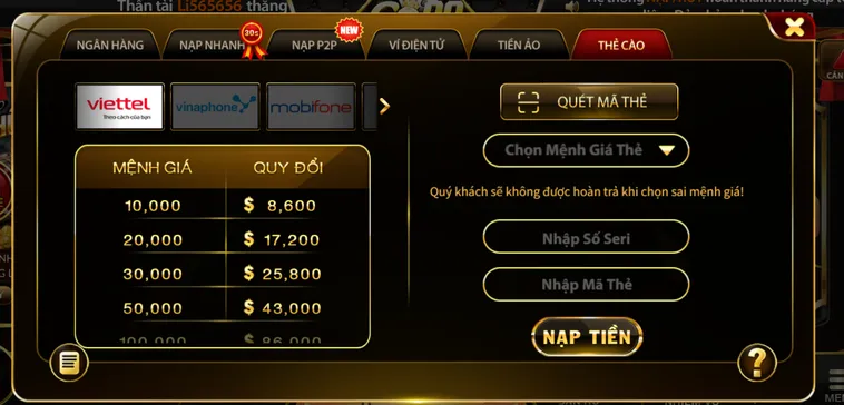 Nạp tiền thẻ cào an toàn tiện lợi bảo mật.